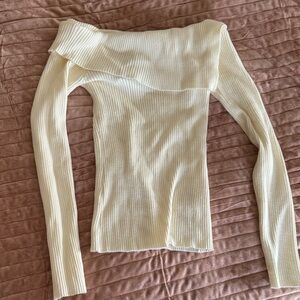 Studio Off-Shoulder Ribbed Cream Sweater